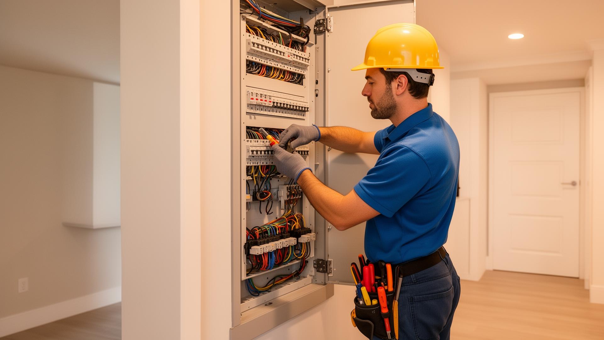 Electricista profesional en Quito realizando instalación eléctrica en tablero